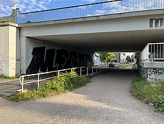 Blick unter einer Brücke mit Graffiti an der Wand. Der Weg ist mit Kies bedeckt und von Pflanzen gesäumt.