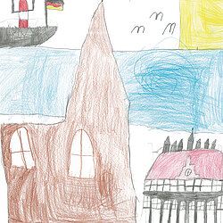 Bunte Kinderzeichnung mit einem braunen Kirchturm, einem Fachwerkhaus mit rotem Dach, einem blauen Fluss und einem Schiff mit deutscher Flagge.