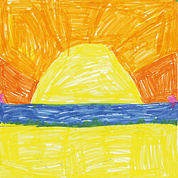 Bunte Kinderzeichnung einer Sonne, die über dem Meer aufgeht, mit gelbem Sandstrand im Vordergrund.