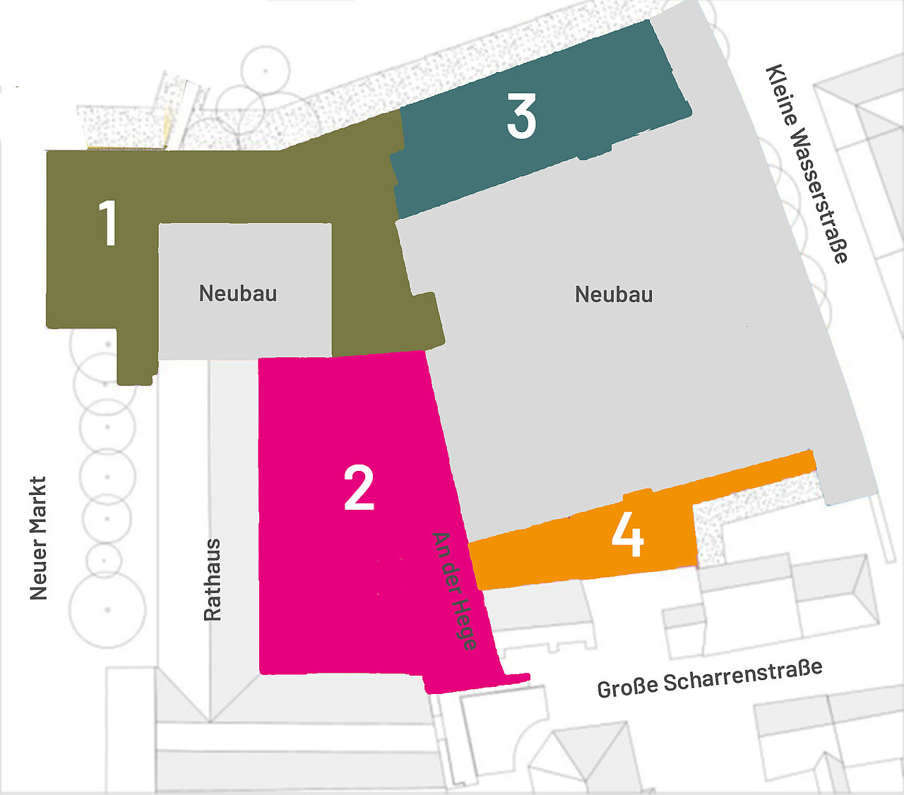 Lageplan mit vier farblich markierten Teilbereichen 1 bis 4 um Neubauten, Straßenbeschriftungen Neuer Markt, Rathaus, An der Häge, Große Scharrenstraße und Kleine Wasserstraße
