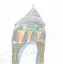 Bunt gezeichnetes Schloss mit drei Türmen, jeweils mit grünem Fenster und rotem Dach, und einem großen Torbogen in der Mitte.