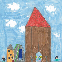 Kinderzeichnung von mehreren Gebäuden, darunter ein großes braunes Haus mit rotem Dach und ein kleineres gelbes Haus, vor blauem Himmel mit weißen Wolken.