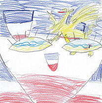 Bunte Kinderzeichnung mit zwei gelben Fischen, einem roten Herz und blauen Wellenlinien.