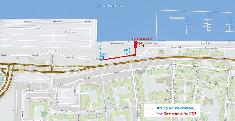 Lageplan mit Straßen, Gebäuden und Hafenbecken, markiert sind alter und neuer Regenwasserauslass mit farbigen Linien und Beschriftungen