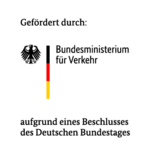 Bundesadler und senkrechte Deutschlandflagge neben dem Text 'Bundesministerium für Verkehr', darüber 'Gefördert durch:', darunter 'aufgrund eines Beschlusses des Deutschen Bundestages'