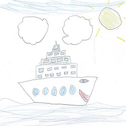 Bunte Kinderzeichnung eines Schiffes auf dem Wasser mit Sonne und Wolken am Himmel.