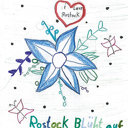 Bunte Zeichnung einer fünfblättrigen Blume mit einem roten Herz darüber, in dem 'love Rosheck' steht, umgeben von kleinen Herzen, Schmetterlingen und Pflanzenmotiven.