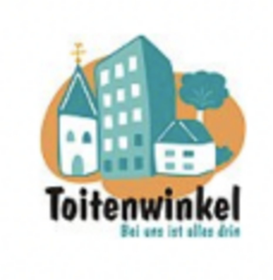 Buntes Logo vom Stadtteil Toitenwinkel mit Gebäuden, Kirche und einem Baum und dem Slogan Bei uns ist alles drin.