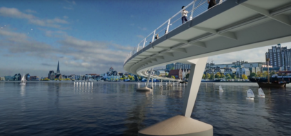Visualisierung: Blick auf eine moderne Fußgängerbrücke über einen Fluss mit Stadt und Segelbooten im Hintergrund 