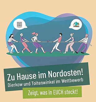 Sechs Personen ziehen gemeinsam an einem Tau in entgegengesetzte Richtungen vor einem abstrakten, mehrfarbigen Hintergrund
