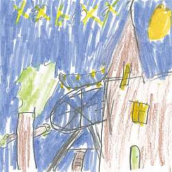 Bunte Kinderzeichnung mit einem Haus, einem Baum, einer Sonne und einem blauen Himmel mit gelben Sternen.