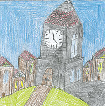 Bunt gezeichnete Stadtansicht mit einem großen Uhrenturm in der Bildmitte und Häusern links und rechts davon.