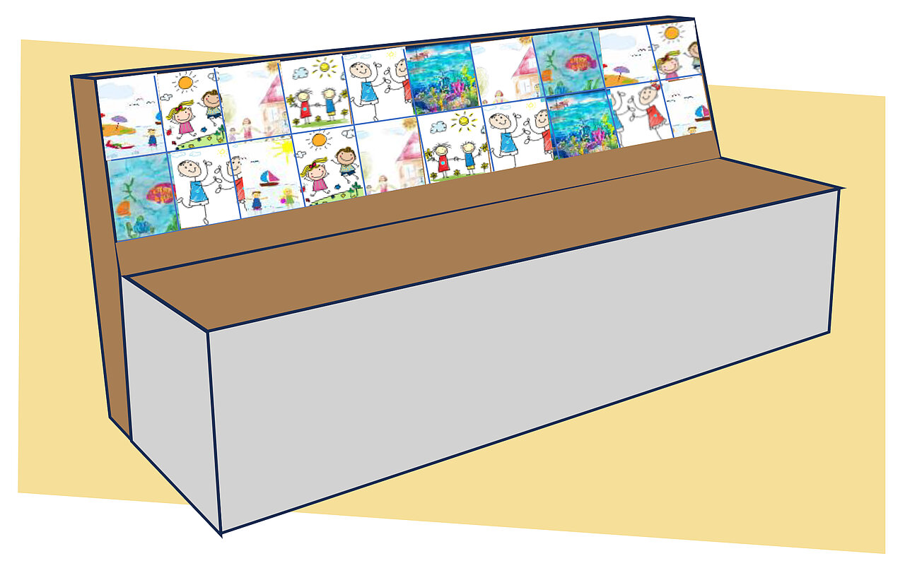Bank mit Rückenlehne, die mit bunten Fliesen mit Kinderzeichnungen von Sonne, Haus, Fischen und Menschen dekoriert ist