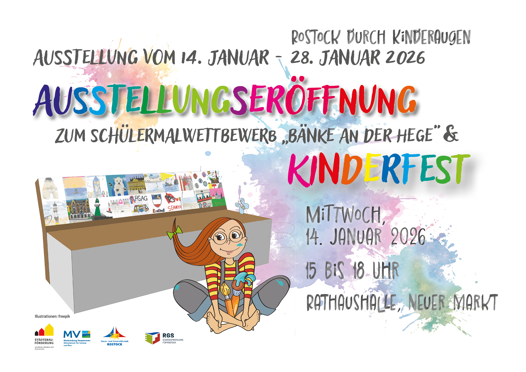 Bunte Ankündigung zur Ausstellungseröffnung und Kinderfest am 14. Januar 2026 mit Illustration eines Mädchens vor einer Wand mit Kinderzeichnungen