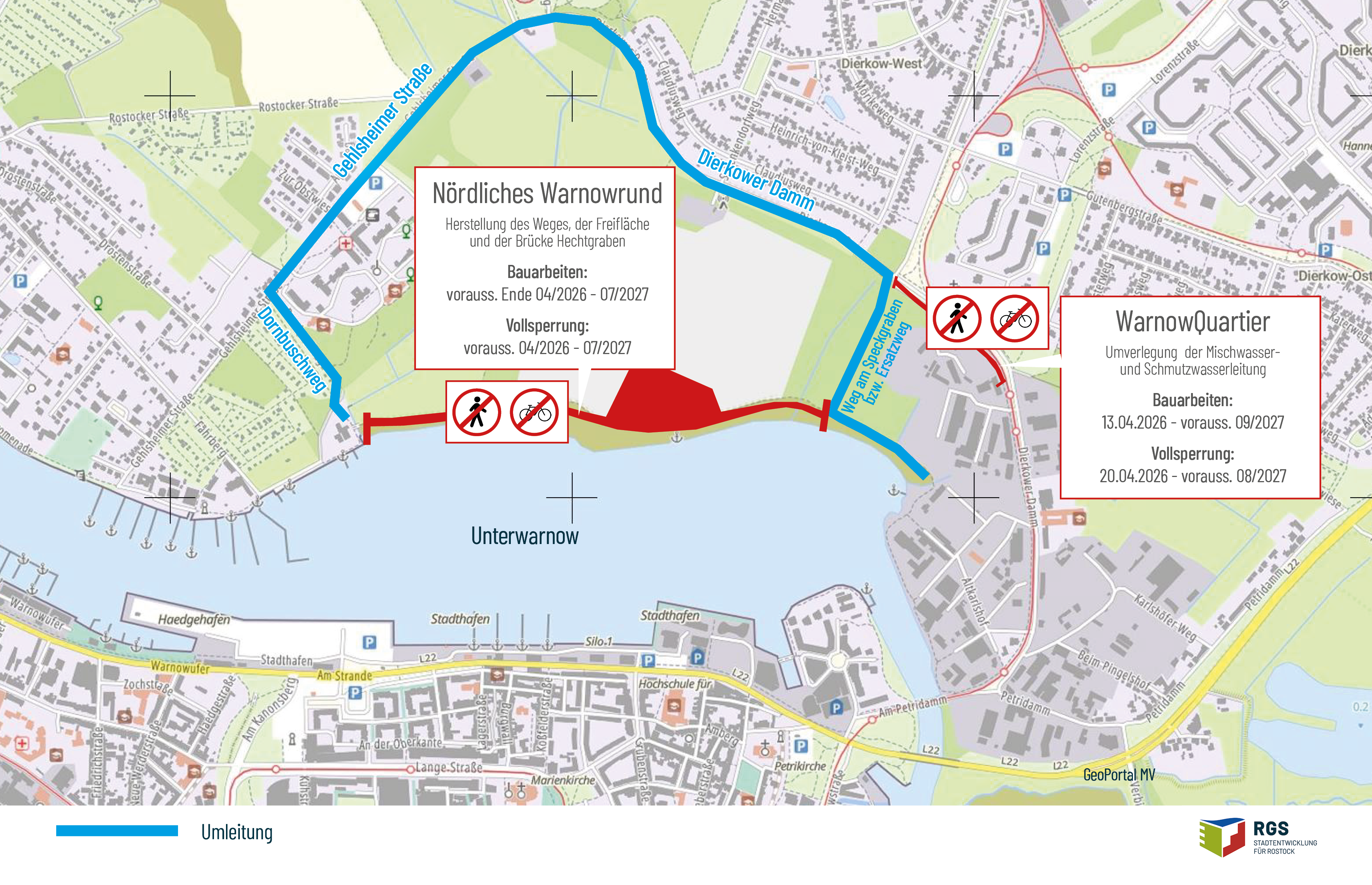 Kartenausschnitt mit Umleitungsstrecke um den nördlichen Warnowabschnitt und das WarnowQuartier, markiert mit Sperrbereichen und Bauzeitangaben.